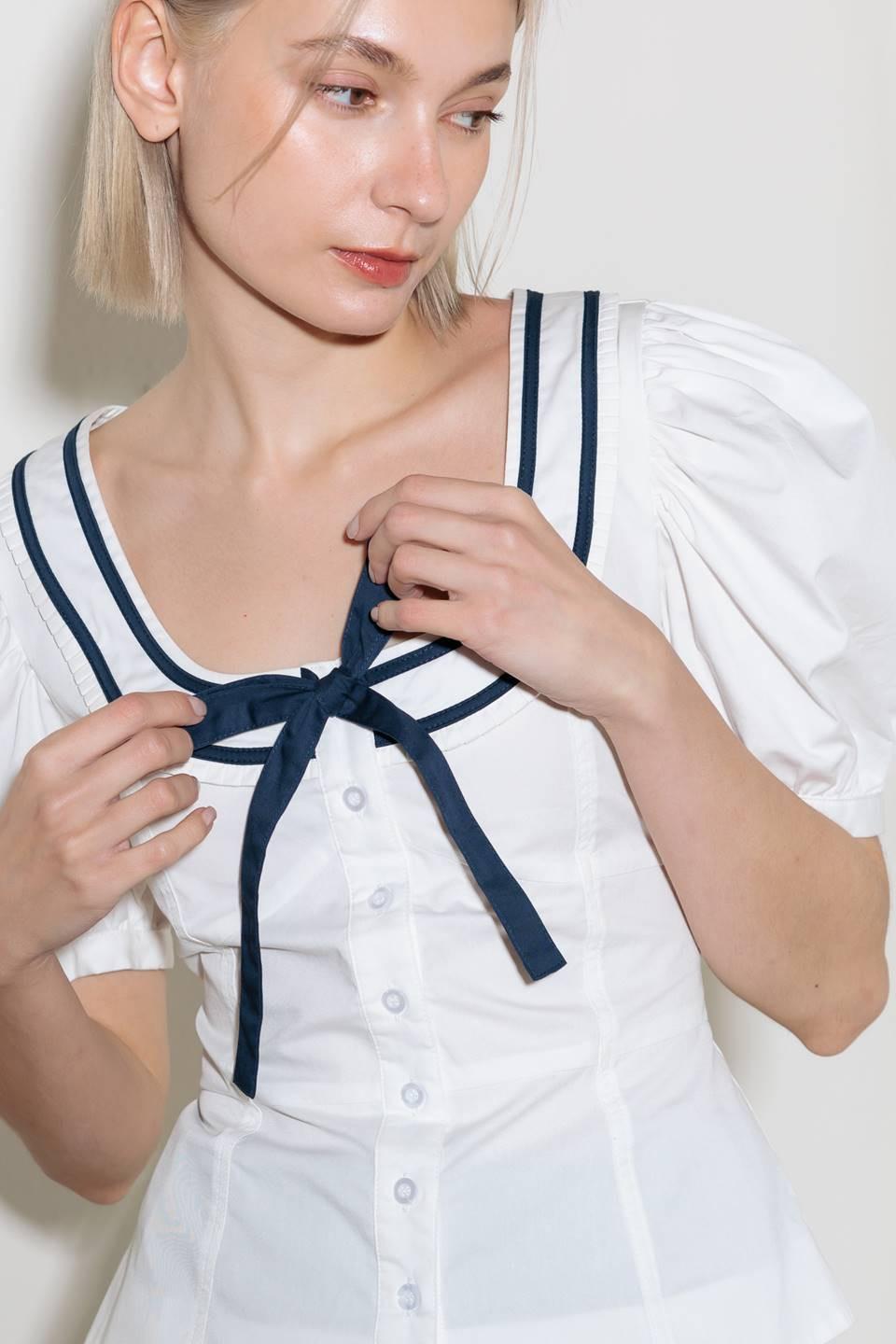 The Sweetest Touch Woven Top in white navy, view 7 — Soul Flow Apparel