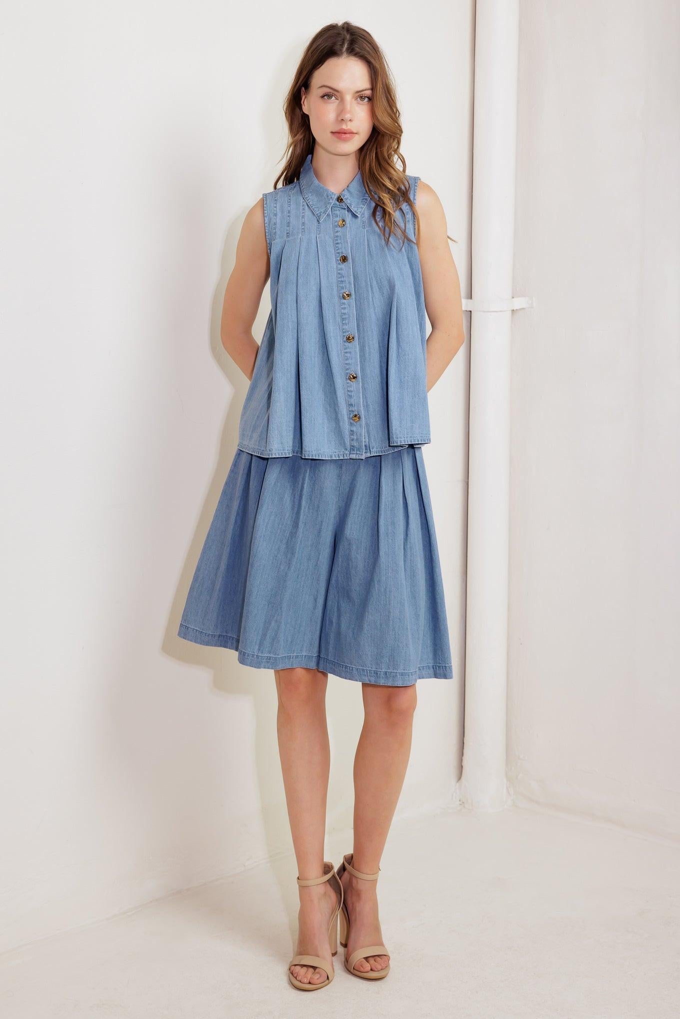 Serenity Hill Chambray Top in light blue denim, view 3 — Soul Flow Apparel