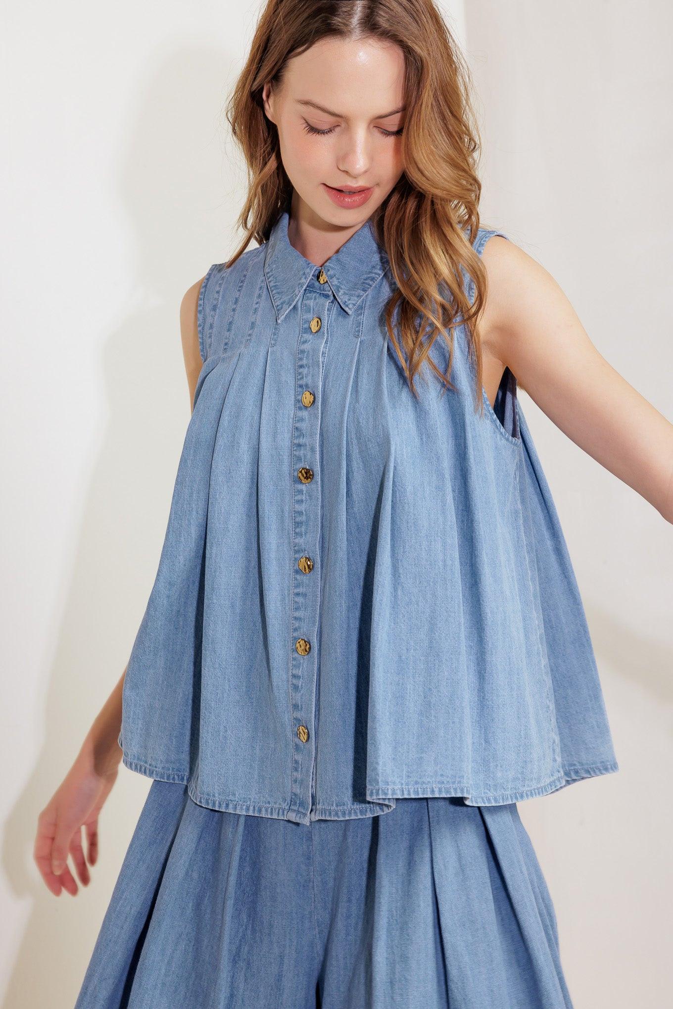 Serenity Hill Chambray Top in light blue denim, view 6 — Soul Flow Apparel