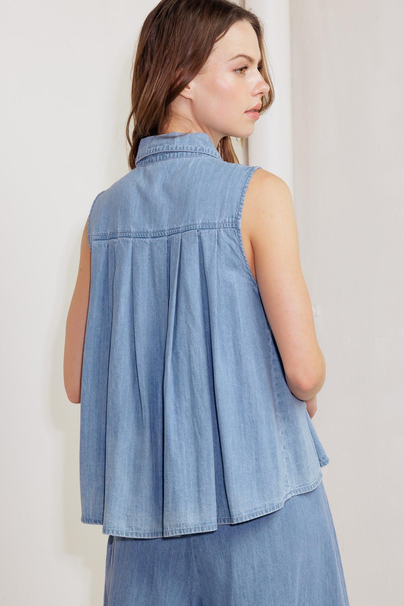 Serenity Hill Chambray Top in light blue denim, view 7 — Soul Flow Apparel