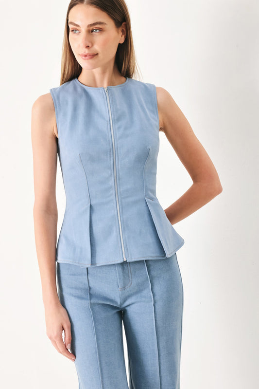 Luna Flare Woven Top in light denim, view 1 — Soul Flow Apparel