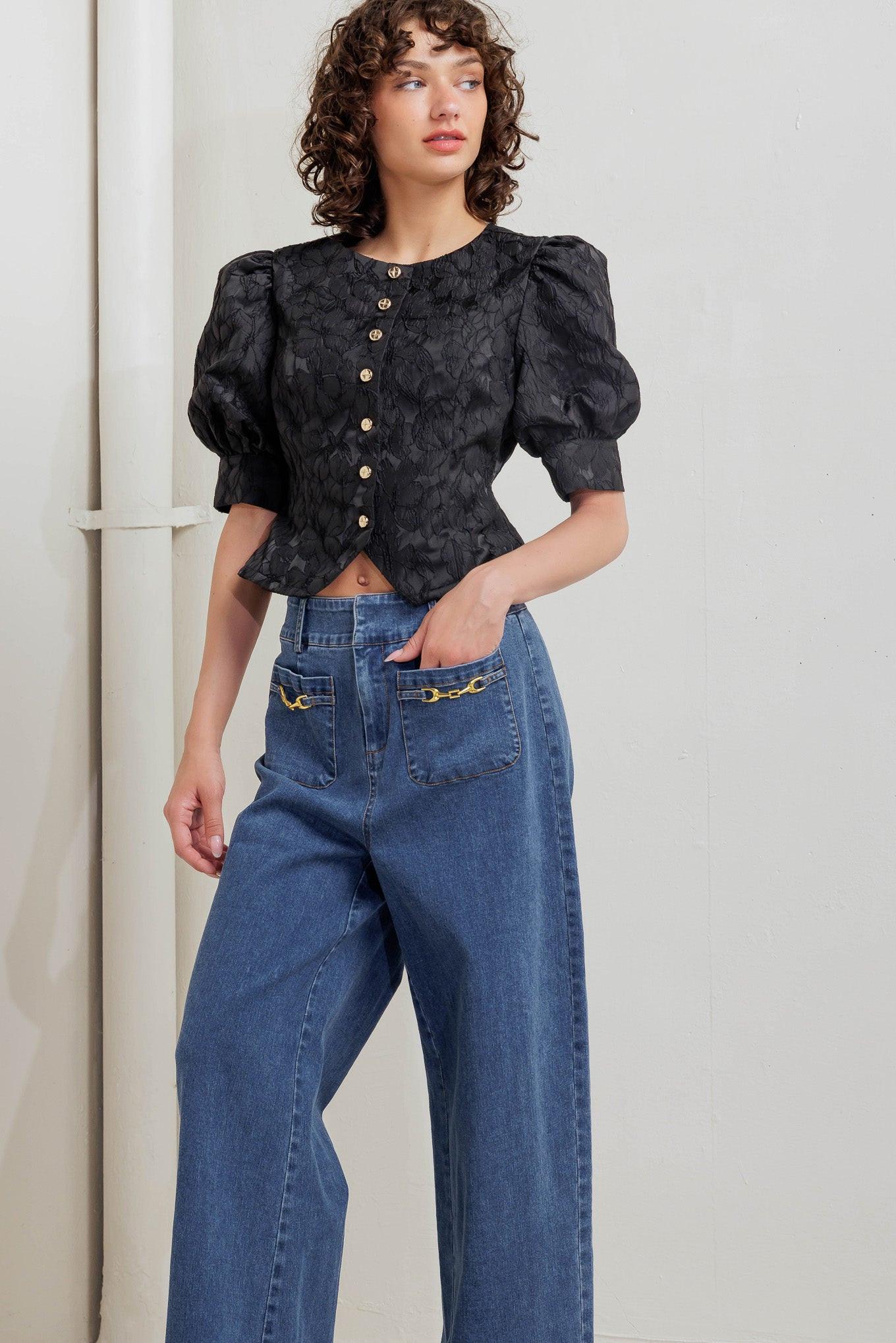 Quiet Luxe Romance Woven Top in black, view 10 — Soul Flow Apparel