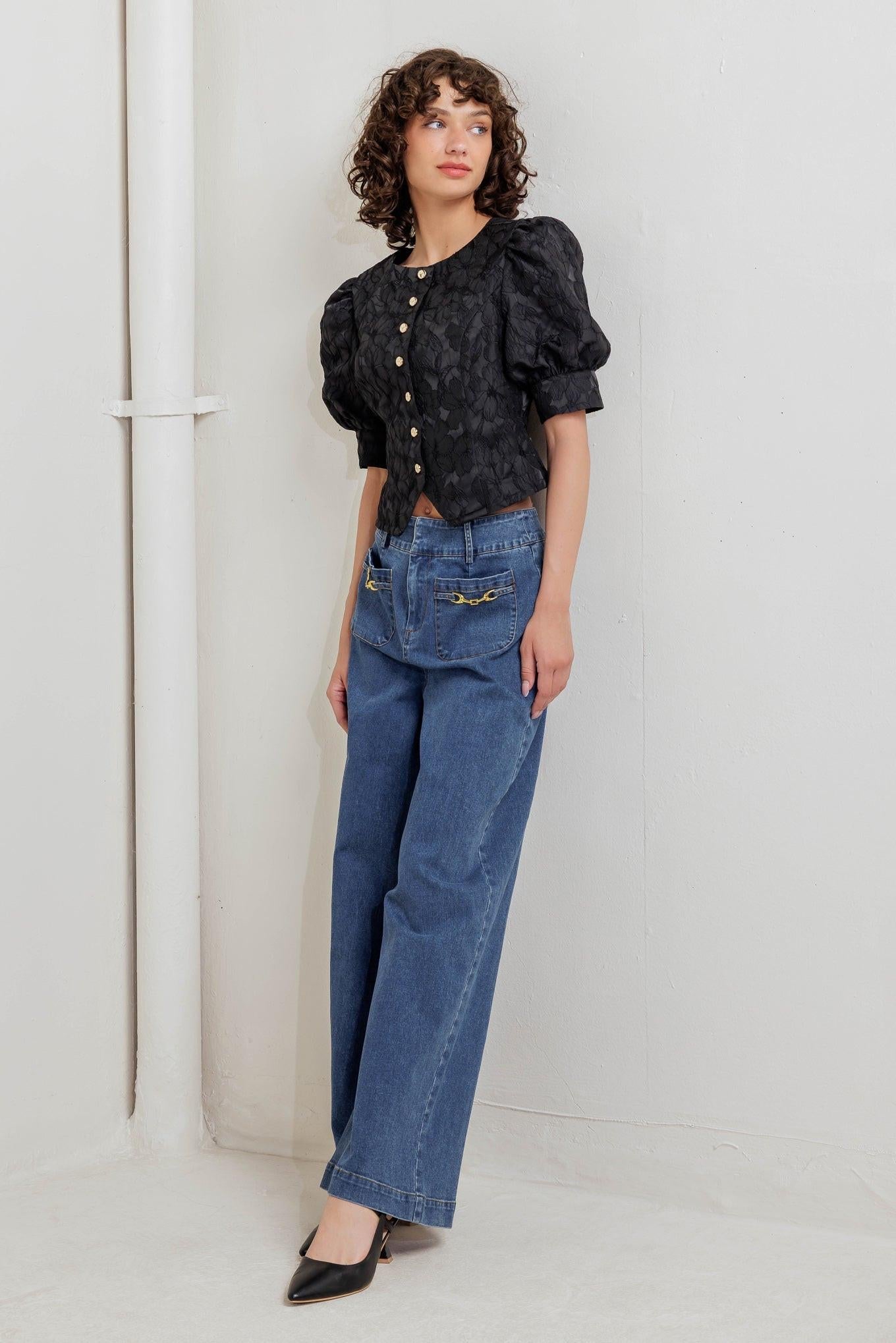 Quiet Luxe Romance Woven Top in black, view 1 — Soul Flow Apparel