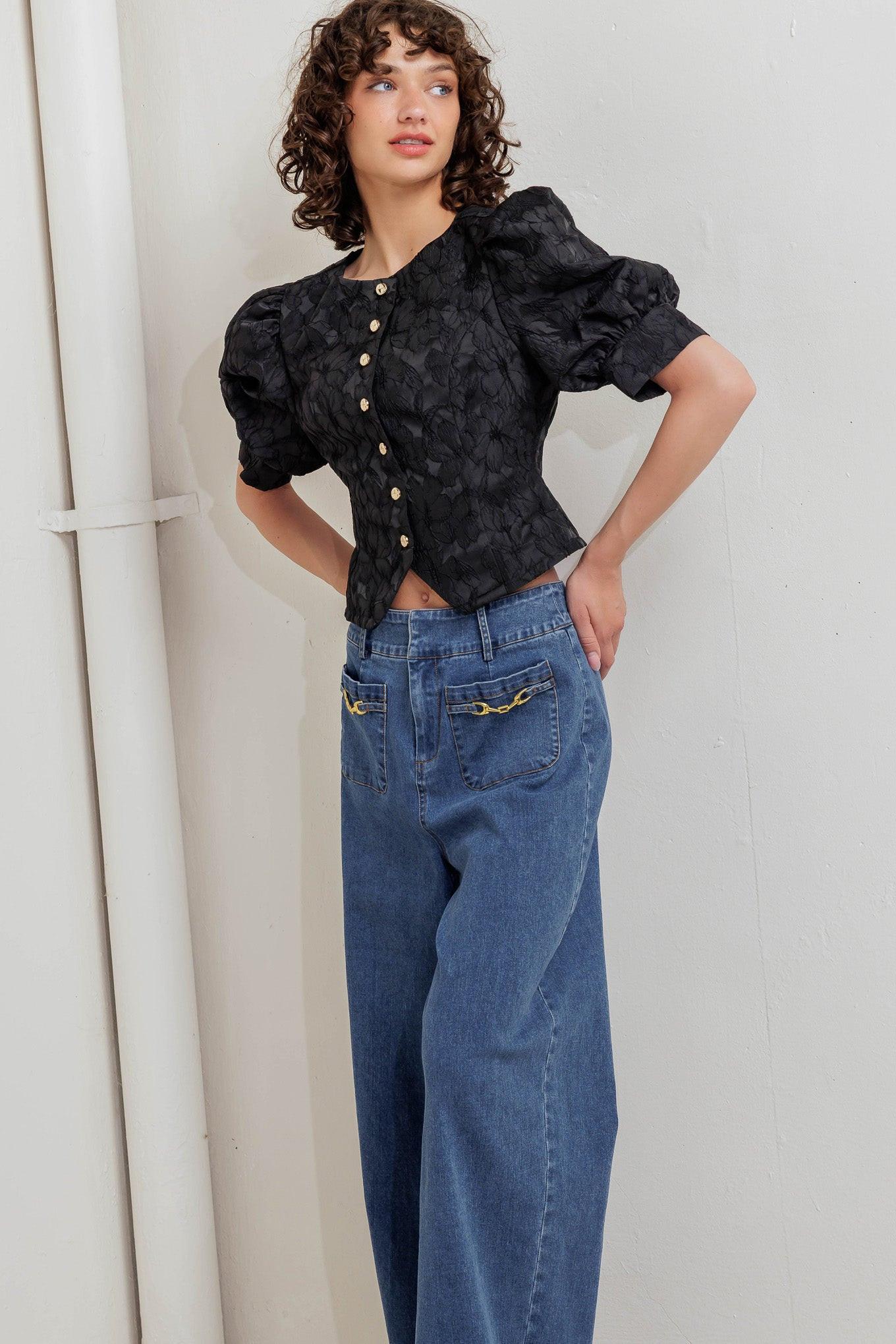 Quiet Luxe Romance Woven Top in black, view 2 — Soul Flow Apparel