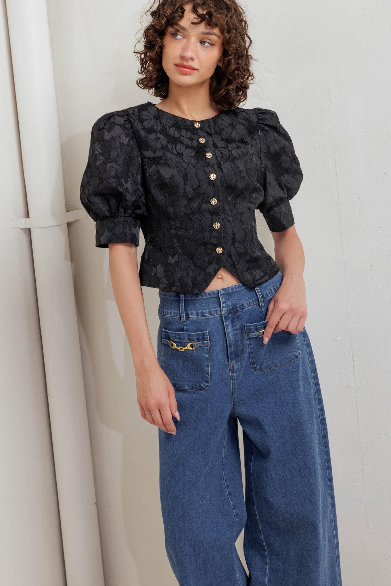 Quiet Luxe Romance Woven Top in black, view 3 — Soul Flow Apparel