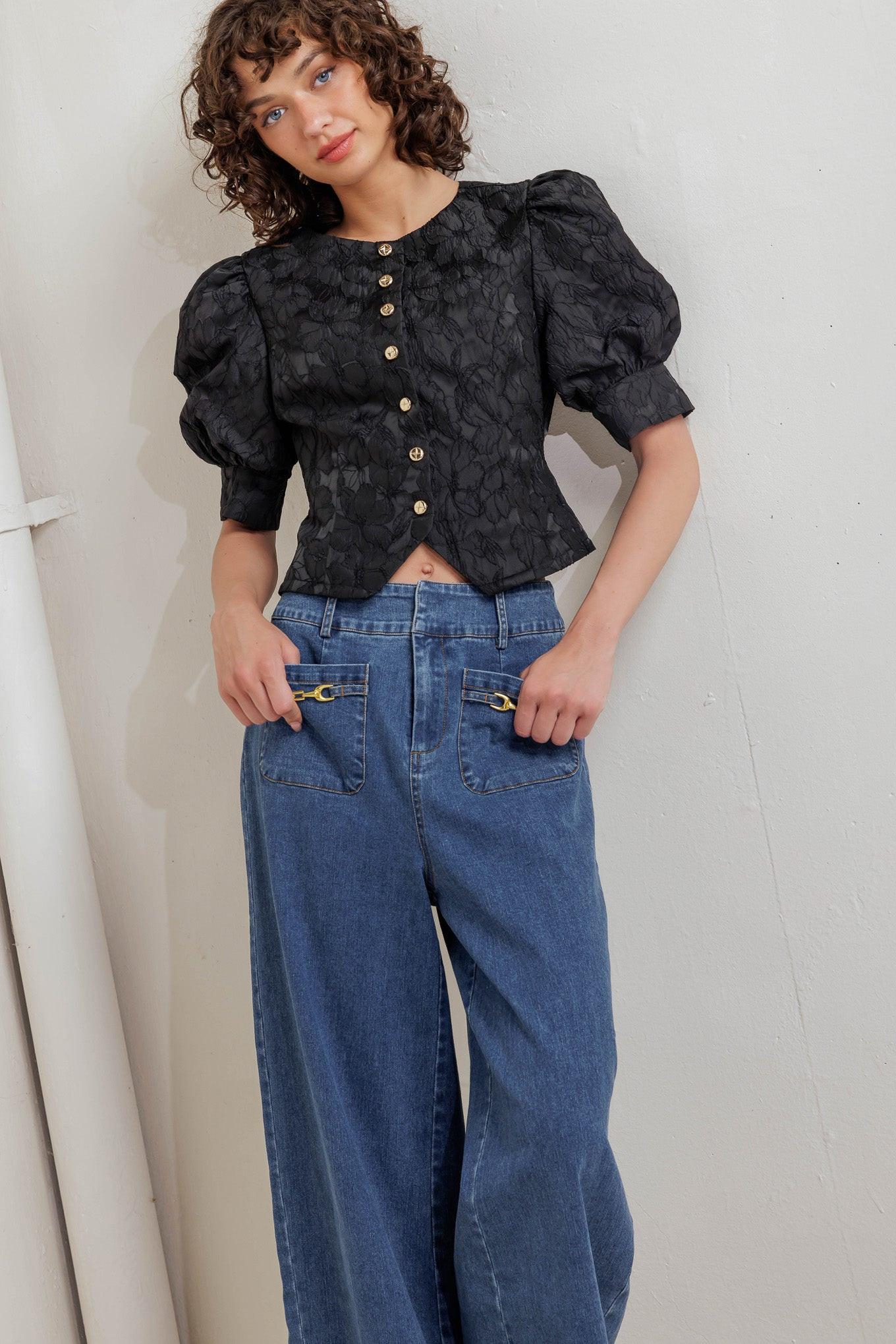 Quiet Luxe Romance Woven Top in black, view 4 — Soul Flow Apparel