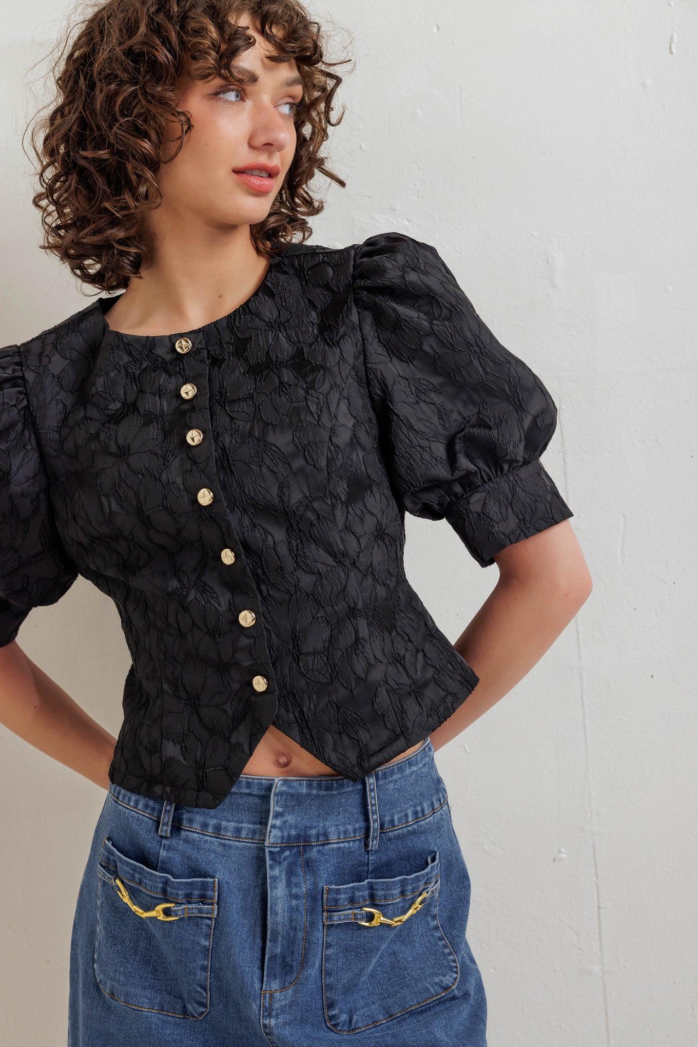 Quiet Luxe Romance Woven Top in black, view 6 — Soul Flow Apparel