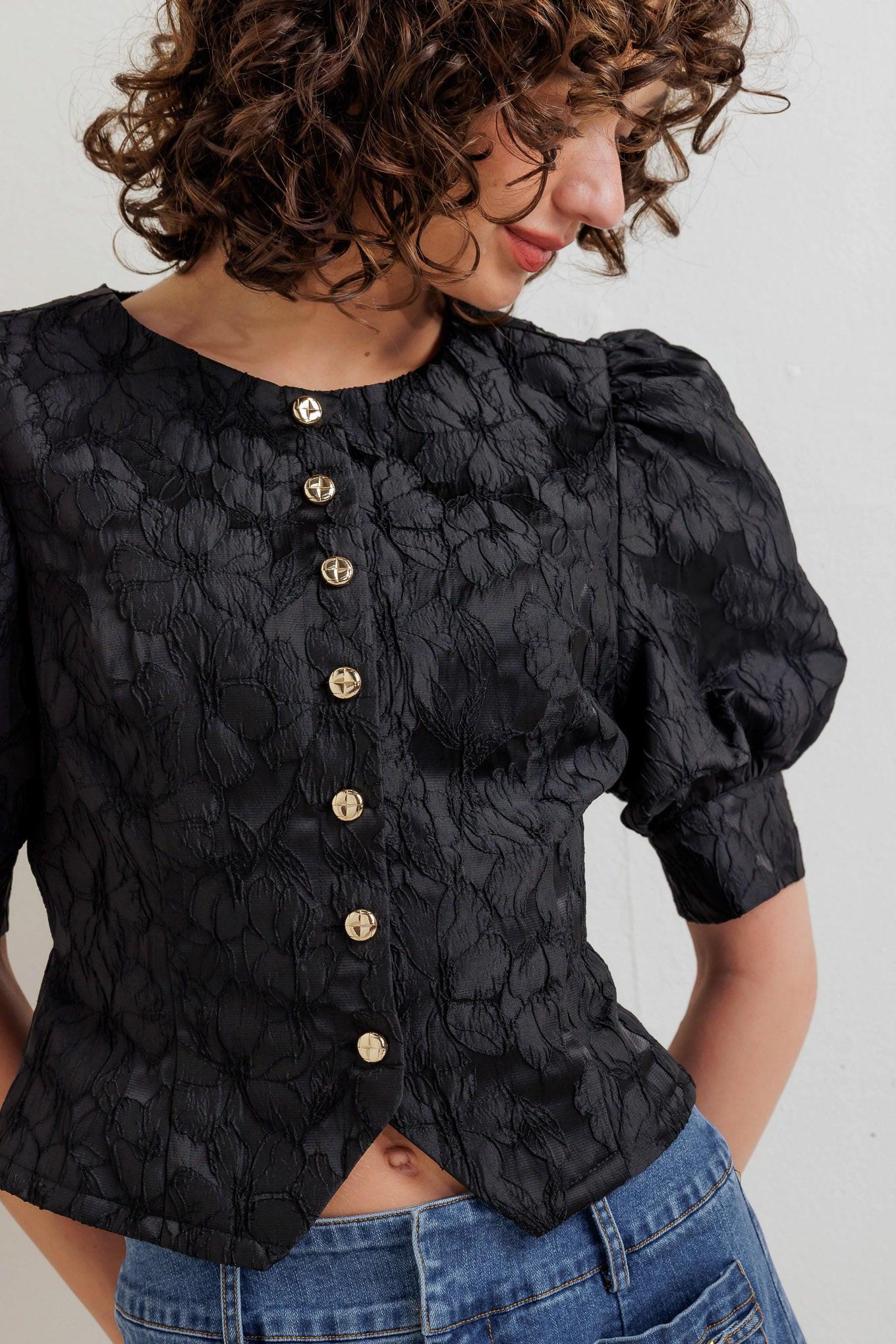 Quiet Luxe Romance Woven Top in black, view 7 — Soul Flow Apparel