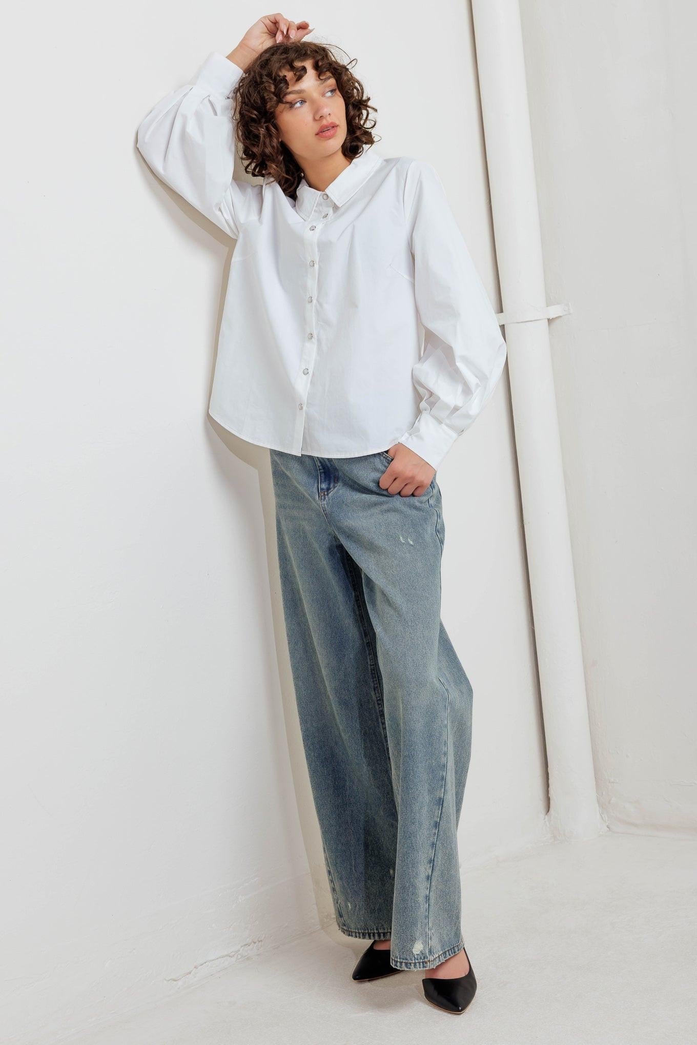White Noise Solid Woven Top, view 5 — Soul Flow Apparel