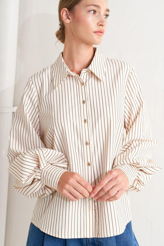 Pinstripe Chic Woven Top in taupe multi, view 1 — Soul Flow Apparel