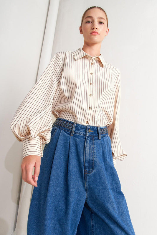 Pinstripe Chic Woven Top in taupe multi, view 2 — Soul Flow Apparel