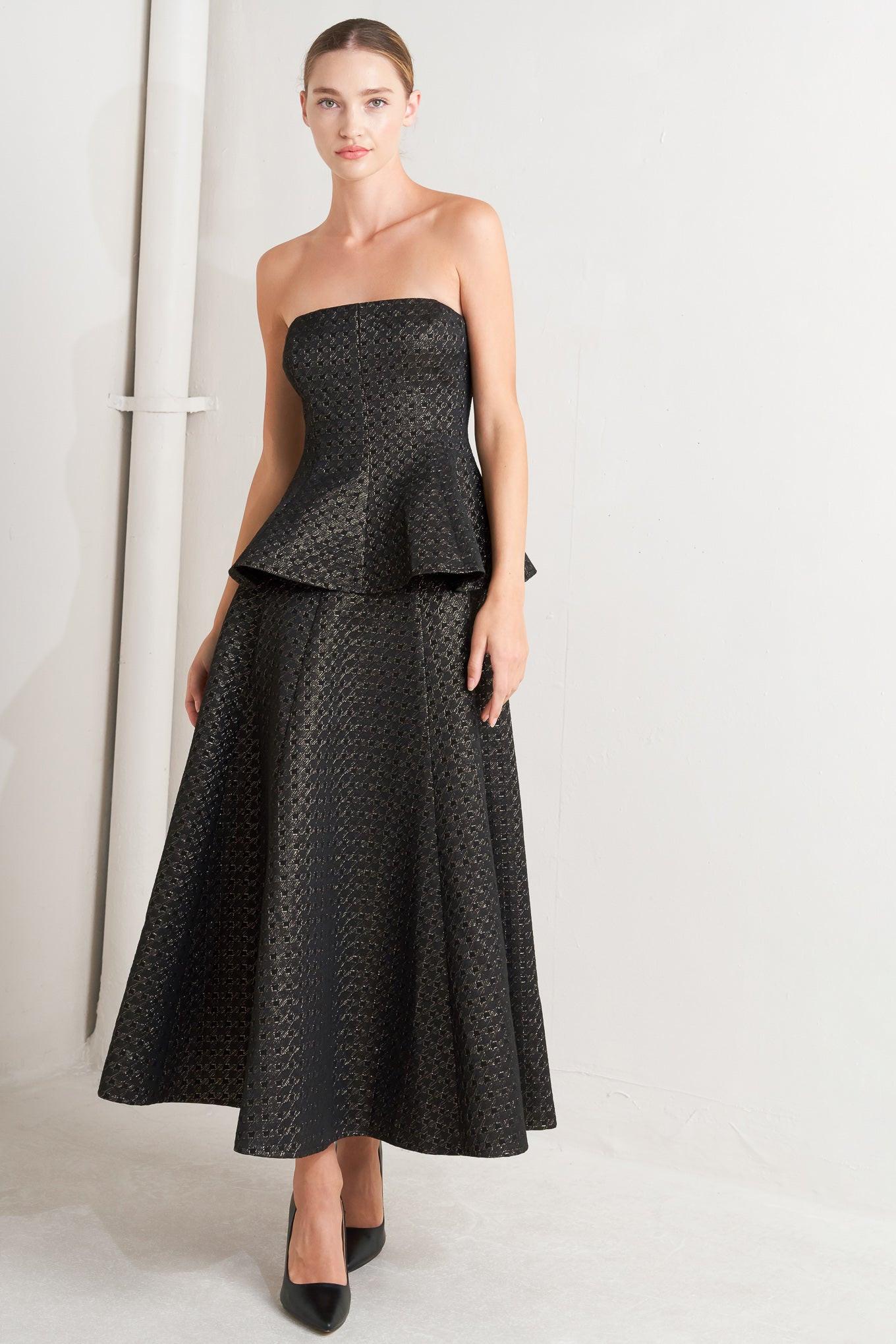 Evening Sculpt Metallic Threaded Woven Top in black gold, view 2 — Soul Flow Apparel