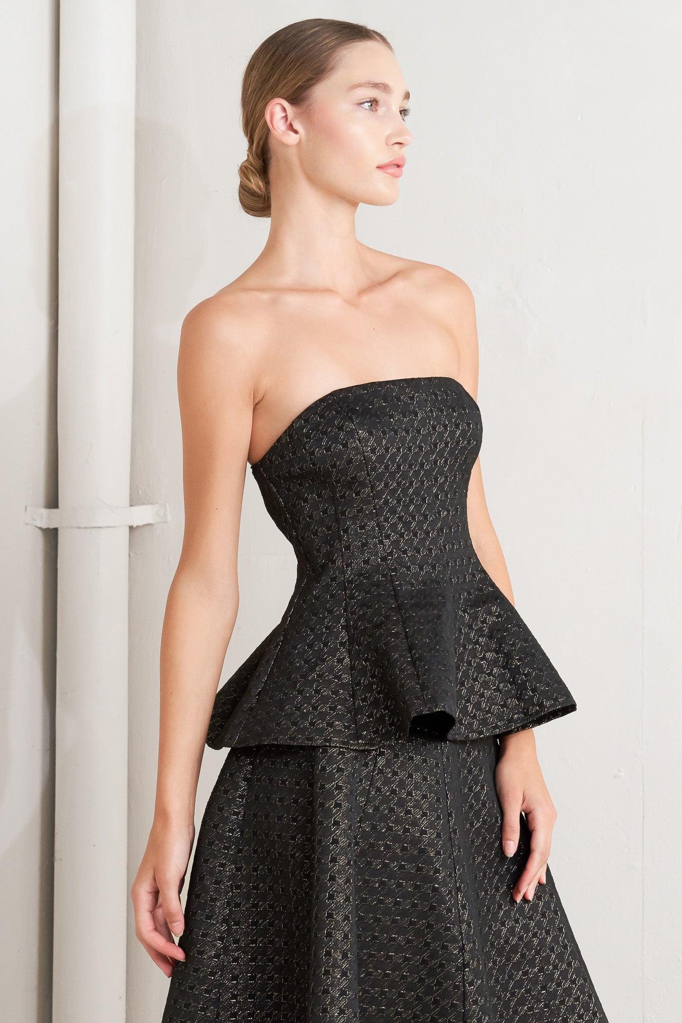 Evening Sculpt Metallic Threaded Woven Top in black gold, view 4 — Soul Flow Apparel