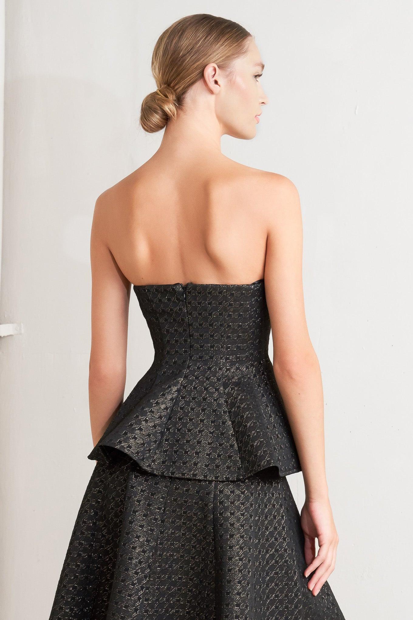 Evening Sculpt Metallic Threaded Woven Top in black gold, view 5 — Soul Flow Apparel