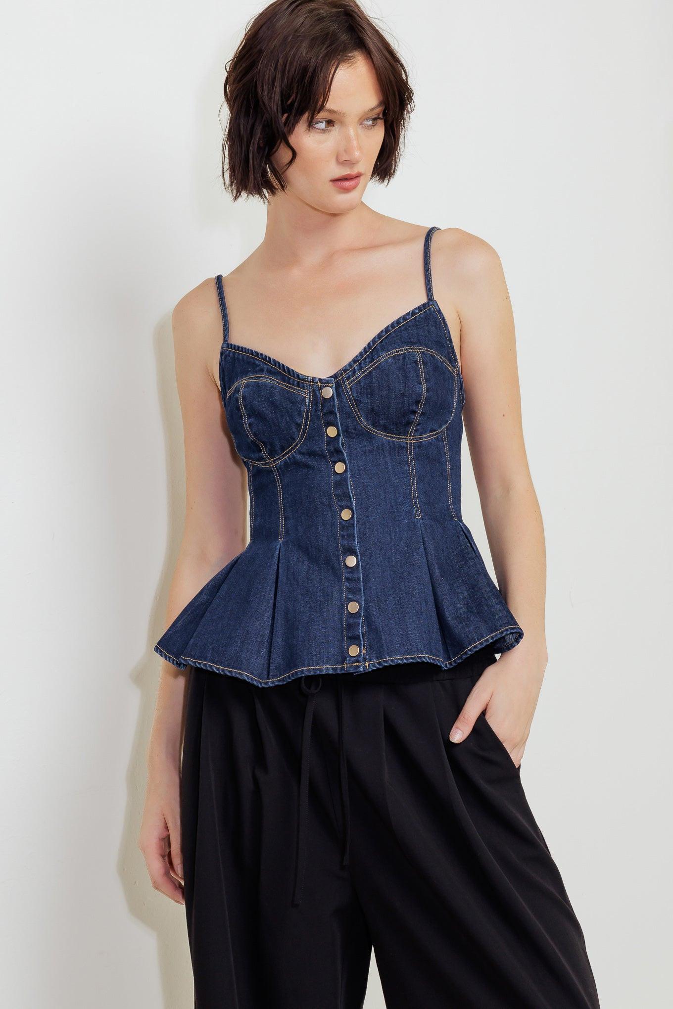 Silent Authority Denim Cami Top in indigo, view 1 — Soul Flow Apparel