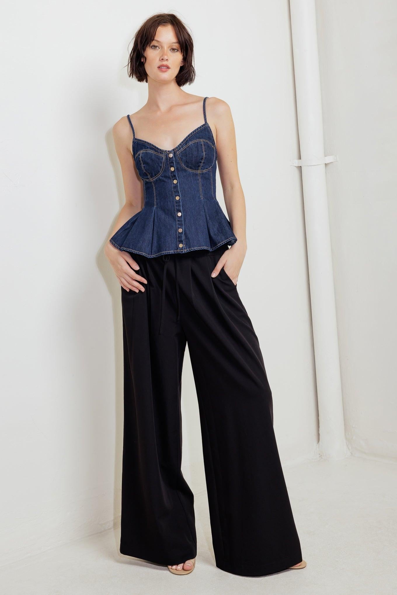 Silent Authority Denim Cami Top in indigo, view 2 — Soul Flow Apparel