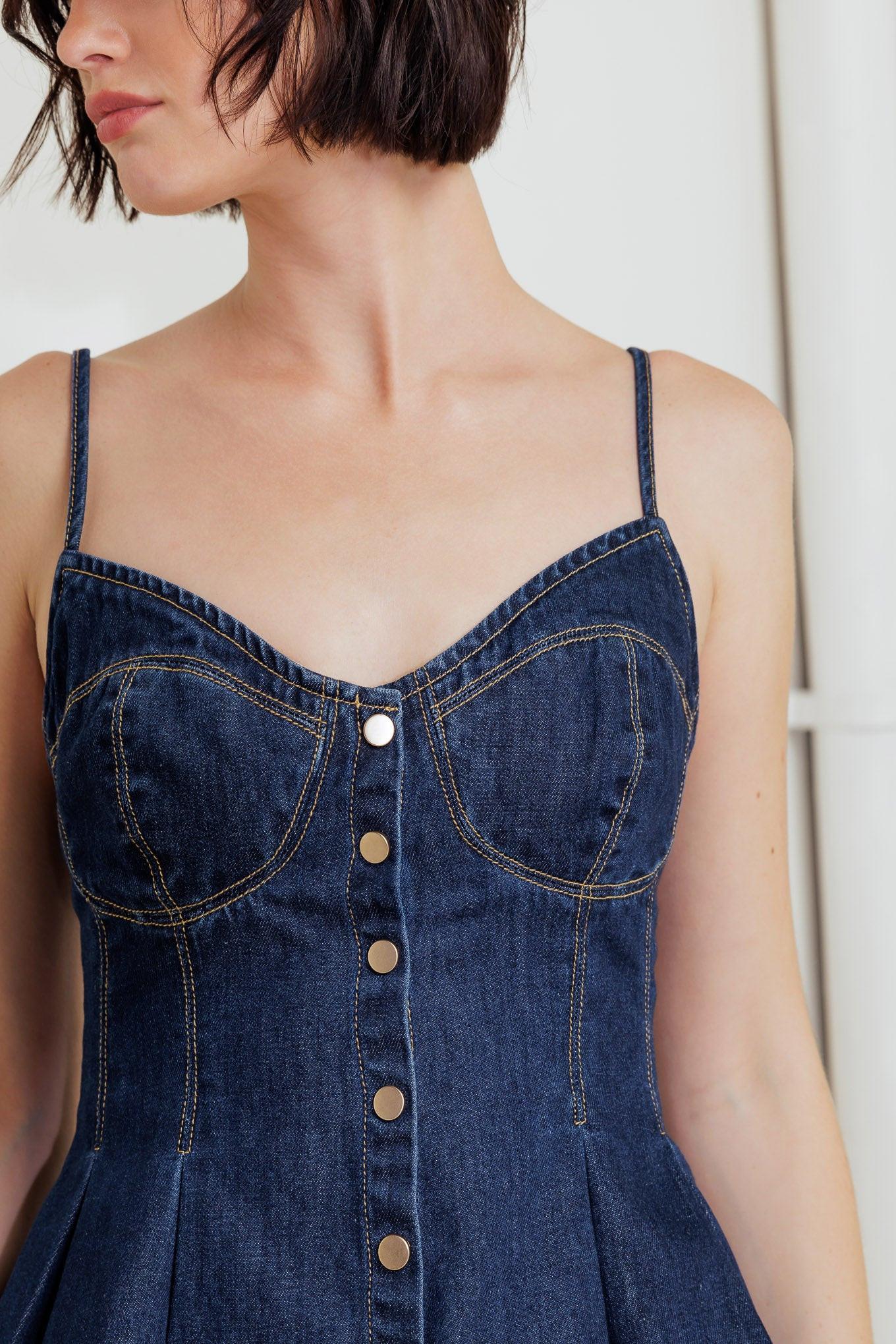 Silent Authority Denim Cami Top in indigo, view 3 — Soul Flow Apparel