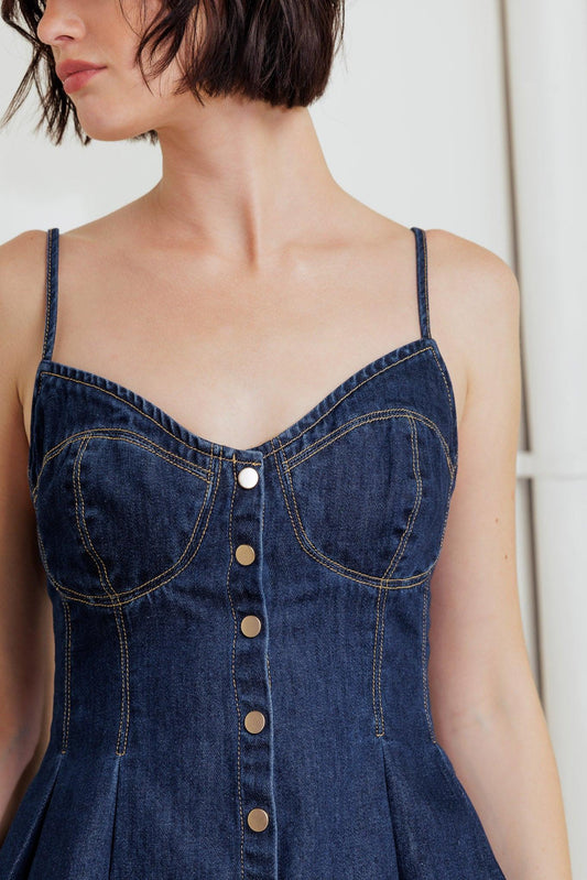 Silent Authority Denim Cami Top in indigo, view 3 — Soul Flow Apparel