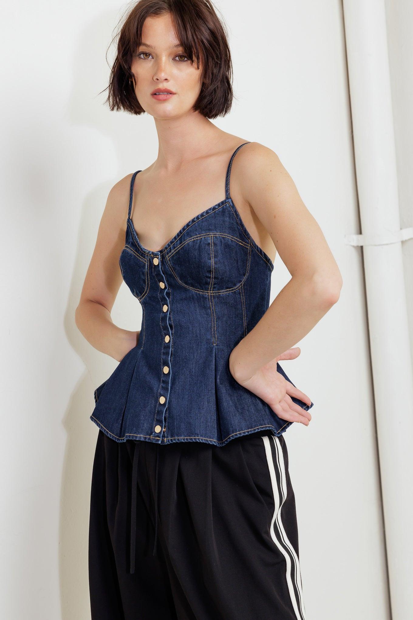 Silent Authority Denim Cami Top in indigo, view 4 — Soul Flow Apparel