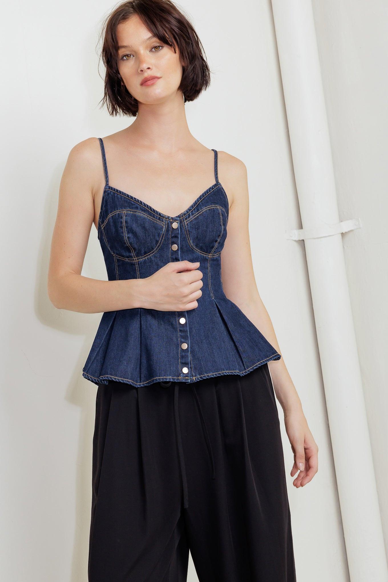Silent Authority Denim Cami Top in indigo, view 6 — Soul Flow Apparel