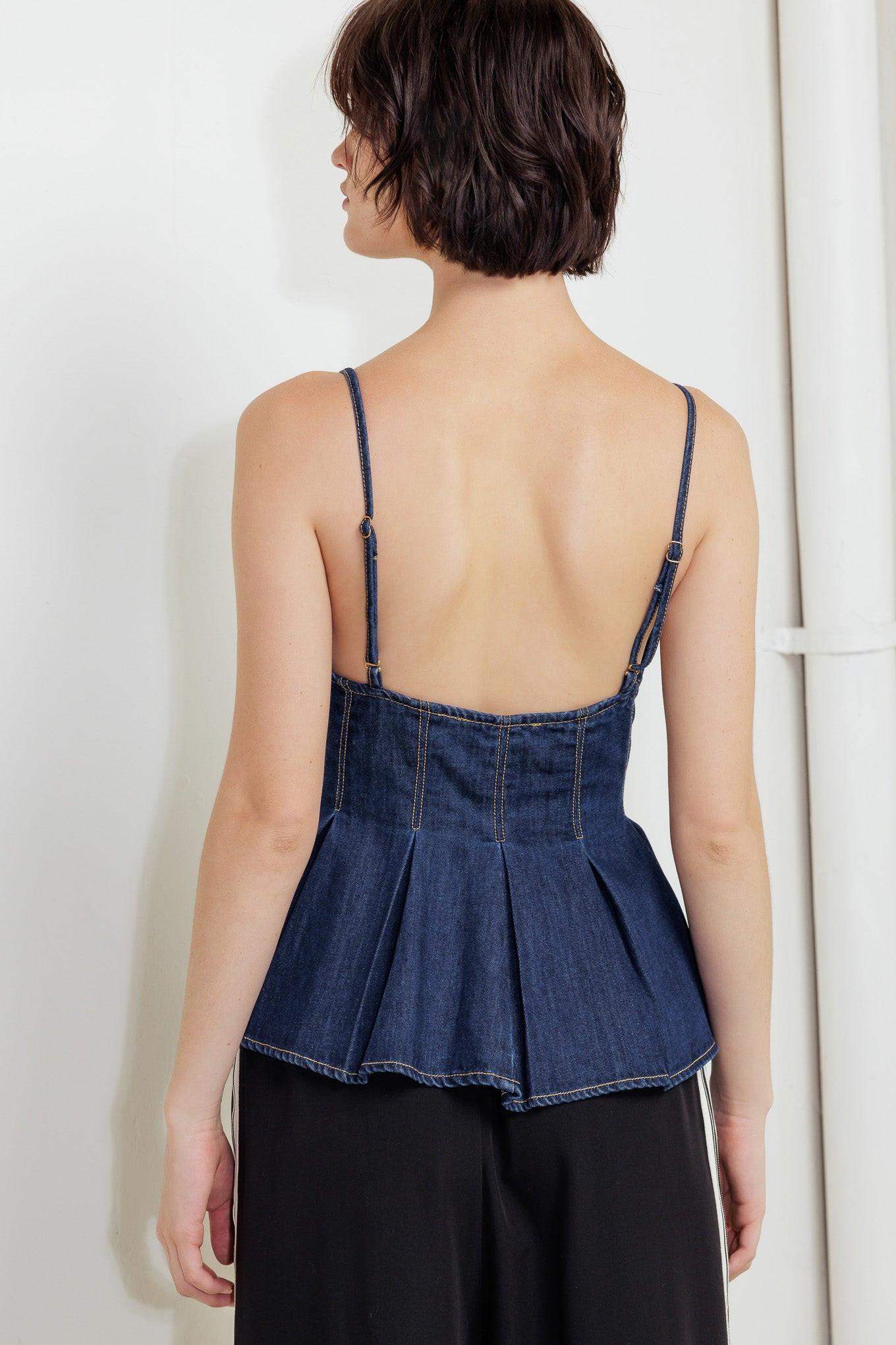 Silent Authority Denim Cami Top in indigo, view 7 — Soul Flow Apparel