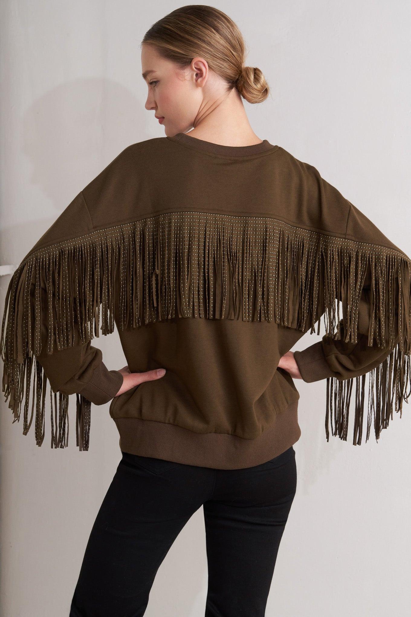 Fringe City Pullover Knit Top in camel, view 2 — Soul Flow Apparel