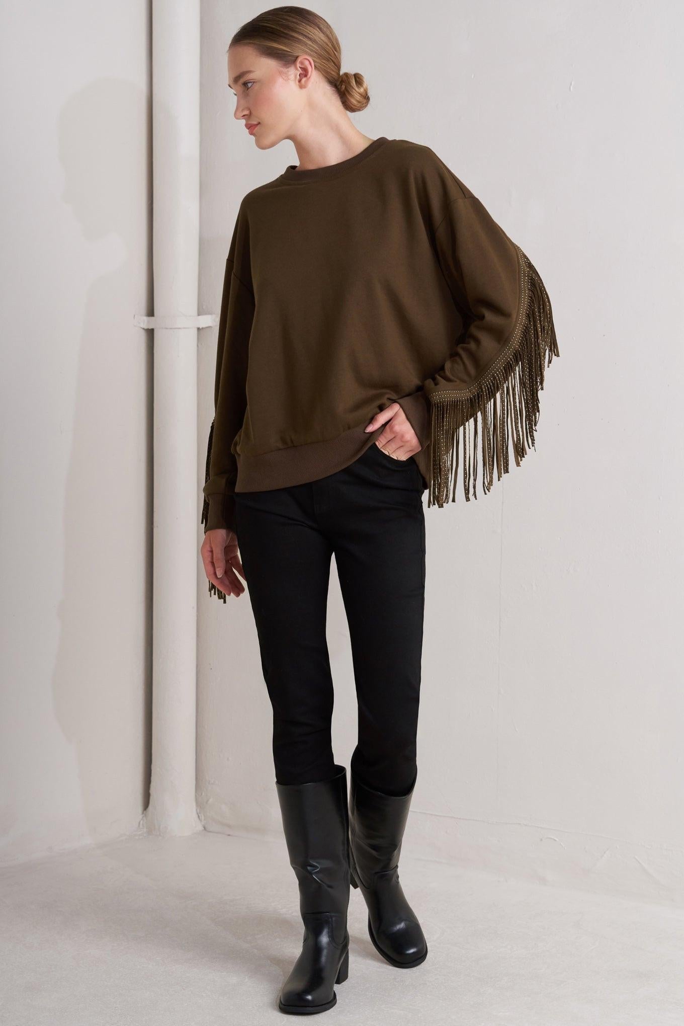 Fringe City Pullover Knit Top in camel, view 3 — Soul Flow Apparel