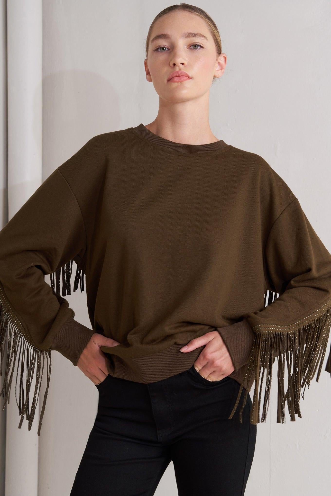 Fringe City Pullover Knit Top in camel, view 4 — Soul Flow Apparel