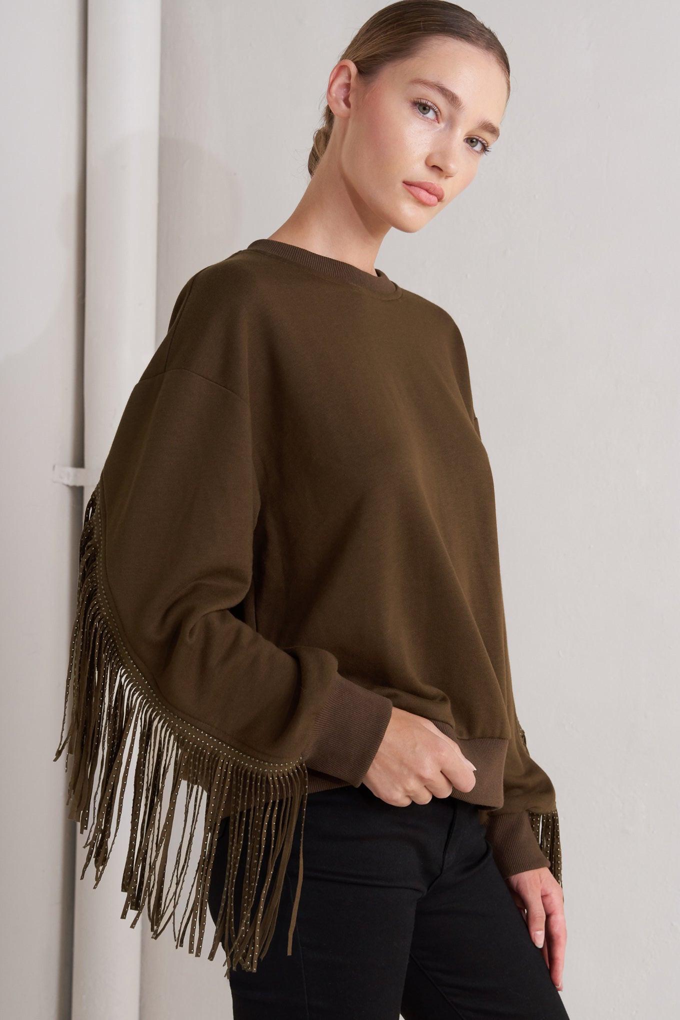Fringe City Pullover Knit Top in camel, view 6 — Soul Flow Apparel