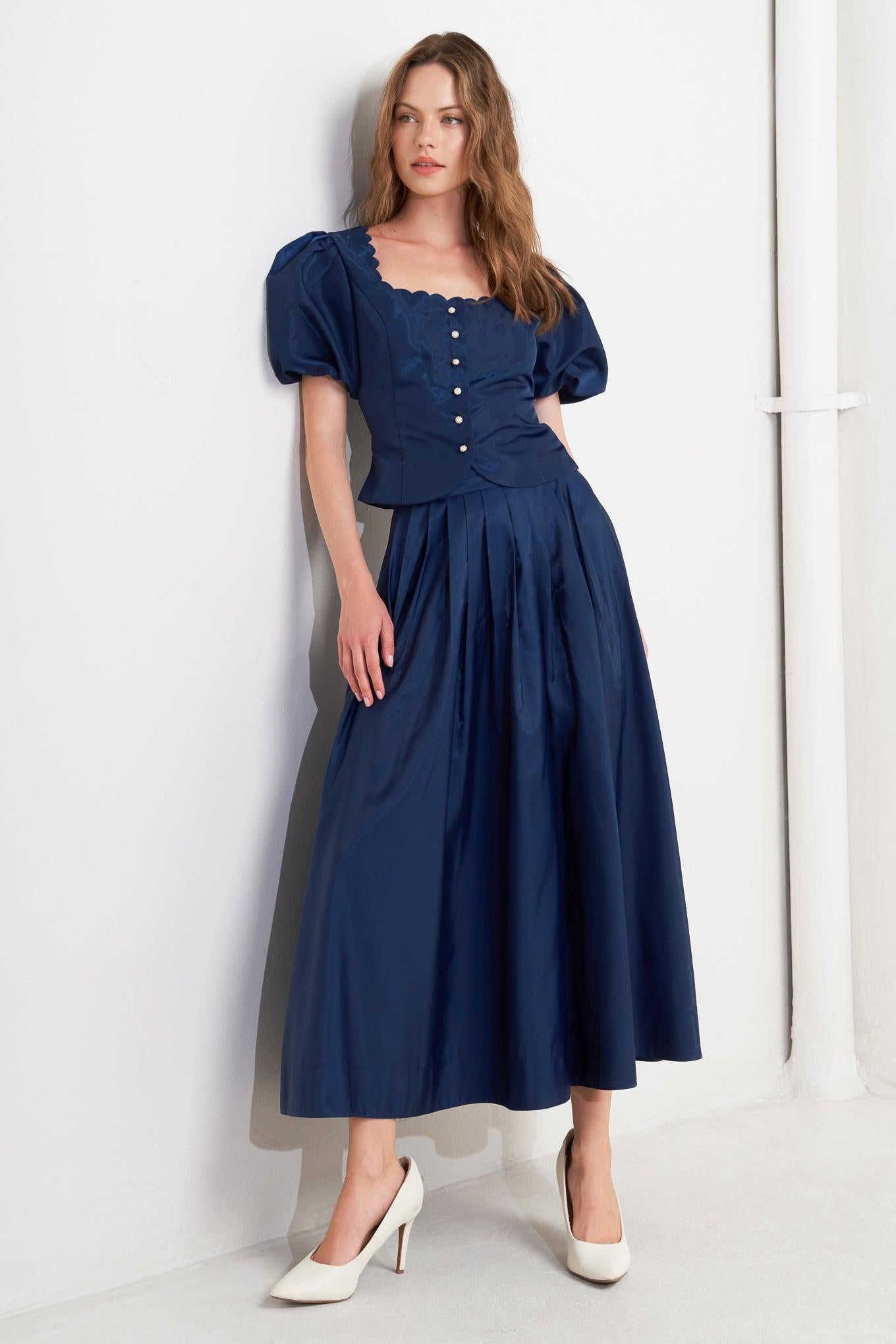 Scallop Kiss Woven Top in navy, view 2 — Soul Flow Apparel