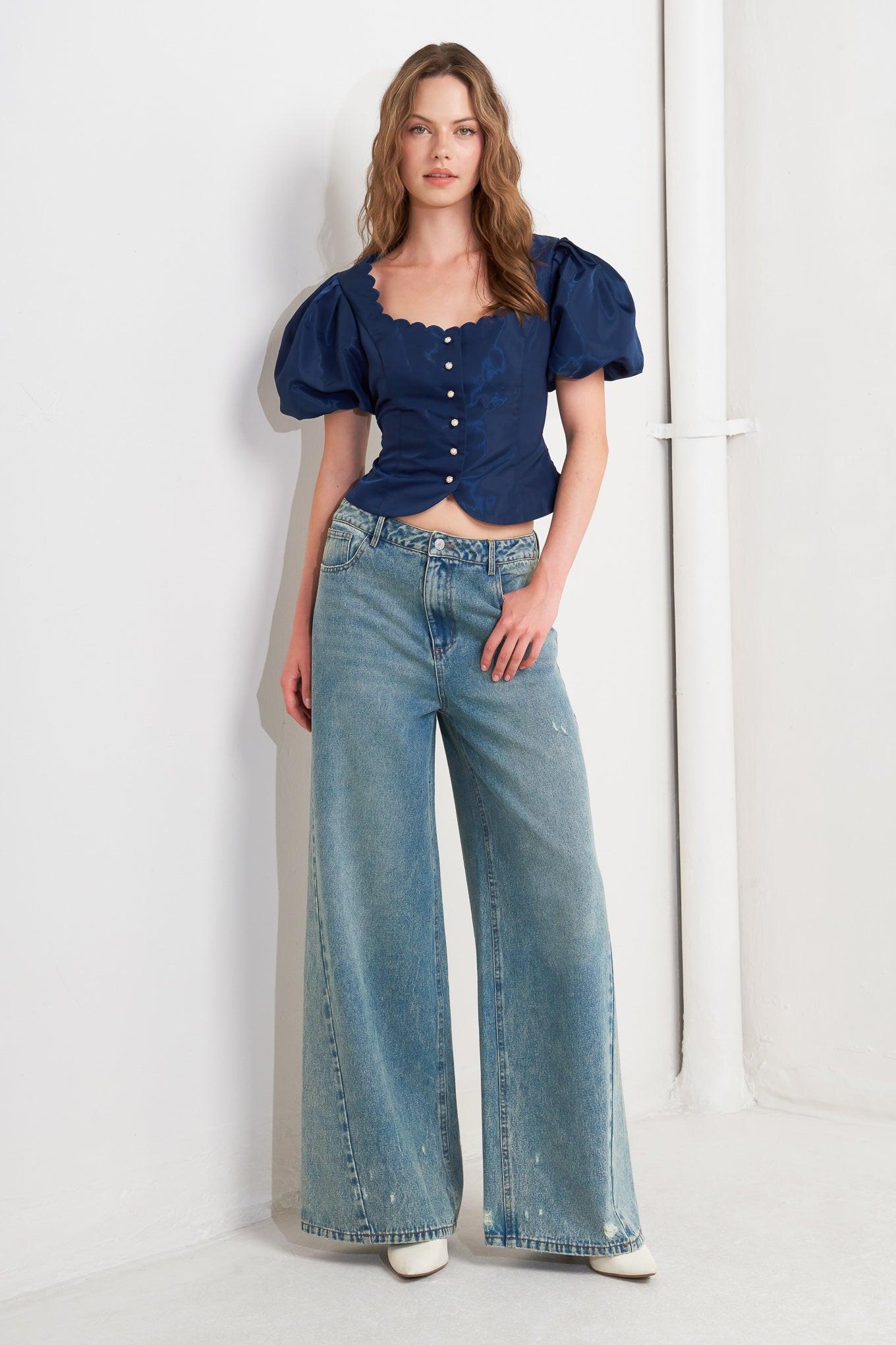 Scallop Kiss Woven Top in navy, view 4 — Soul Flow Apparel