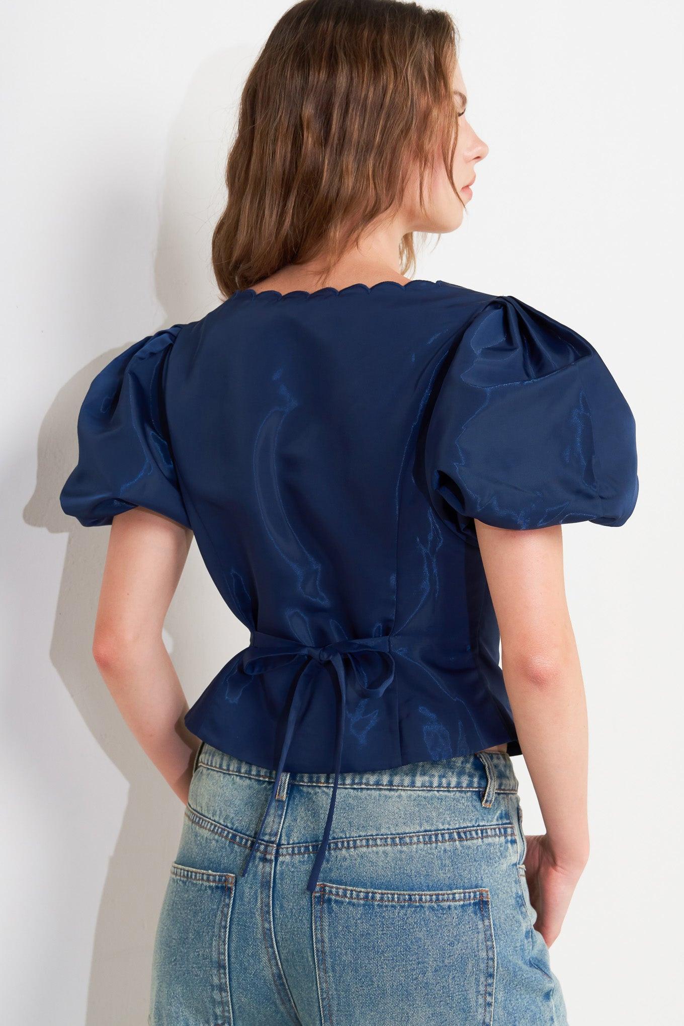 Scallop Kiss Woven Top in navy, view 7 — Soul Flow Apparel