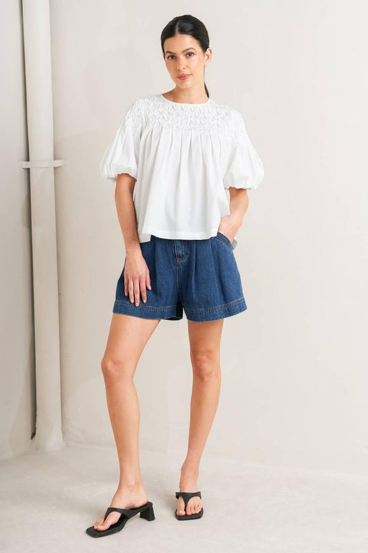 White Dream Puff Woven Top, view 1 — Soul Flow Apparel