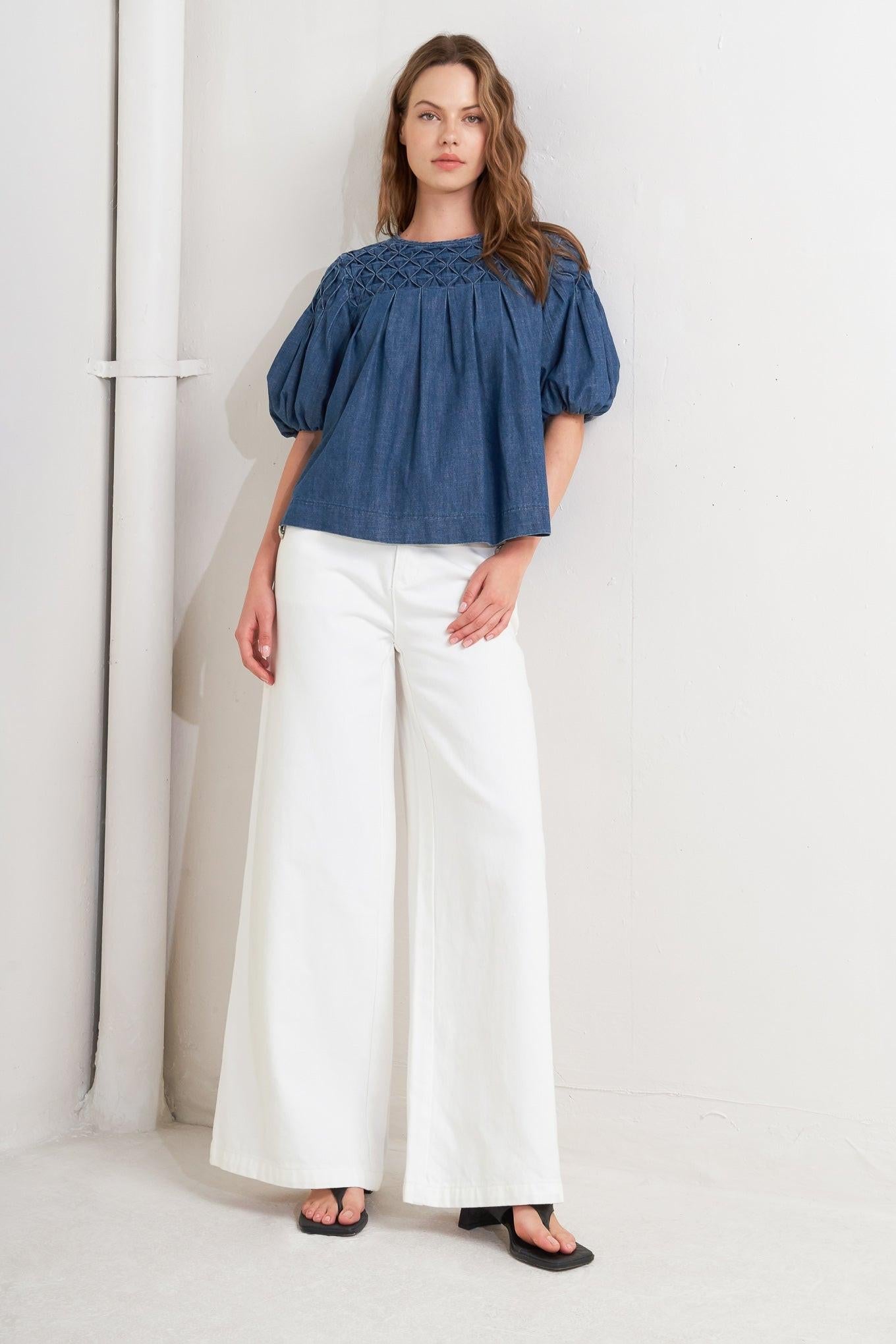 Cottage Spell Chambray Top in denim blue, view 1 — Soul Flow Apparel
