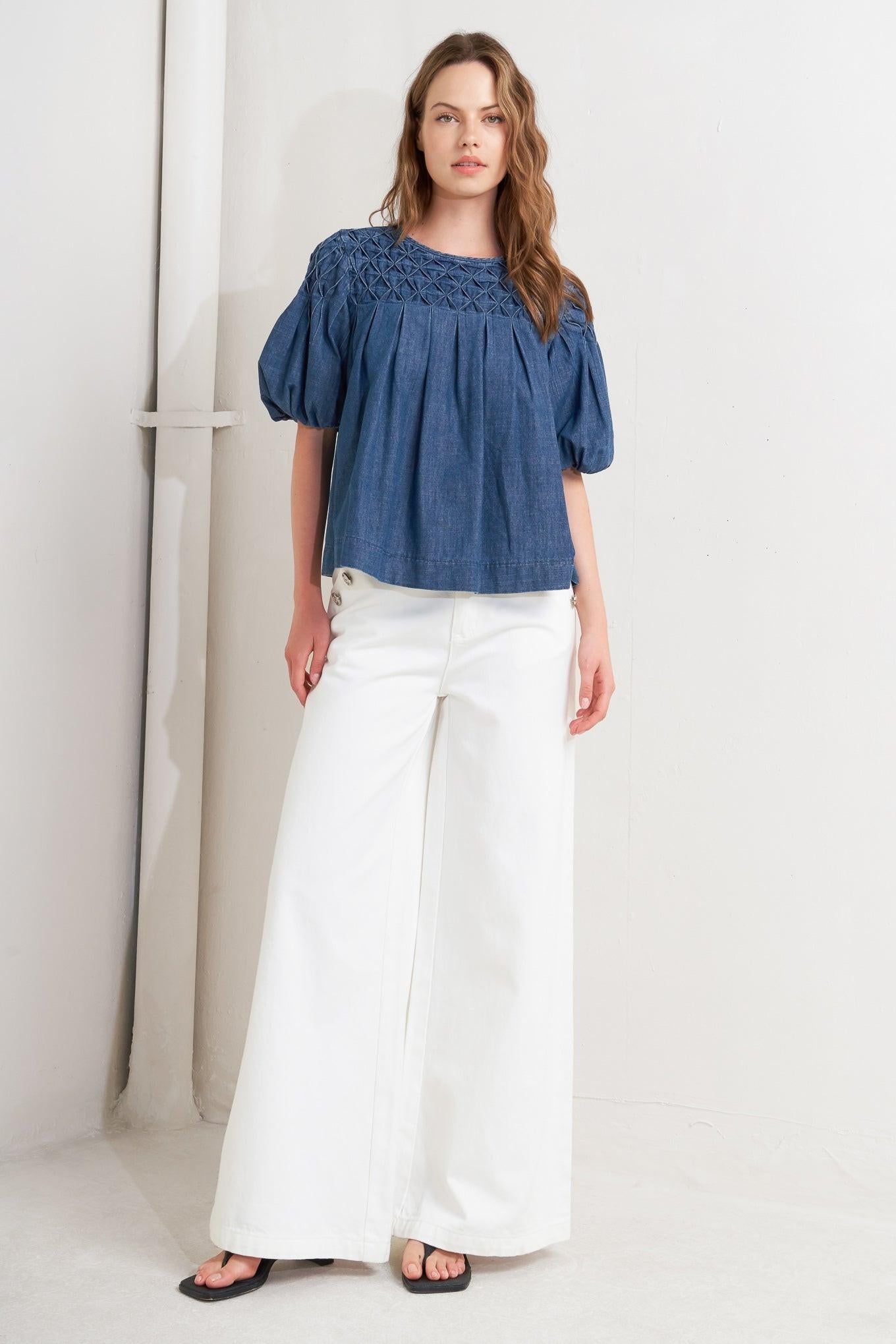 Cottage Spell Chambray Top in denim blue, view 2 — Soul Flow Apparel
