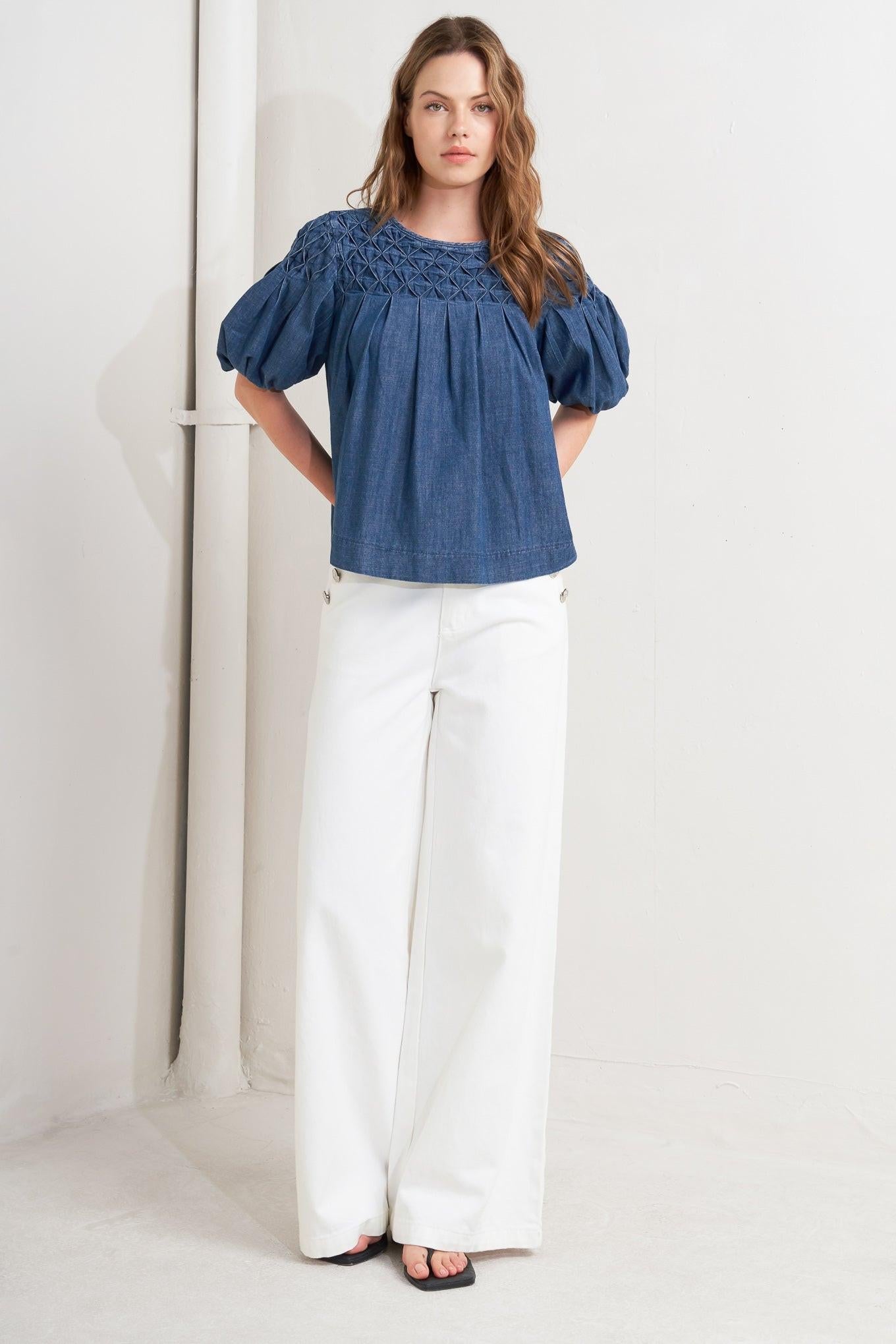 Cottage Spell Chambray Top in denim blue, view 3 — Soul Flow Apparel