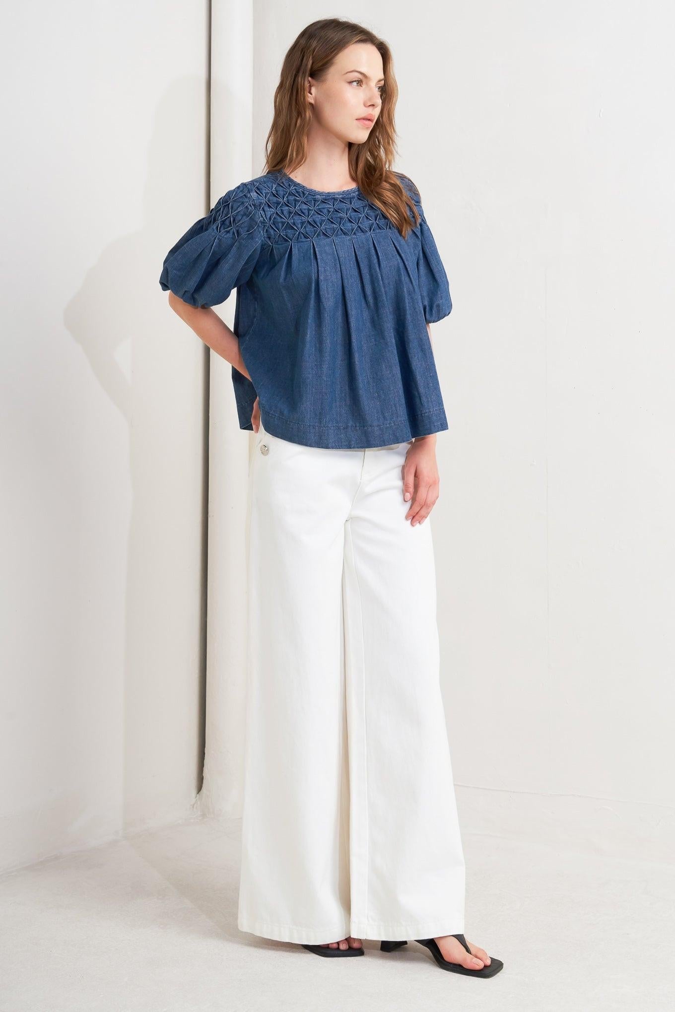 Cottage Spell Chambray Top in denim blue, view 4 — Soul Flow Apparel