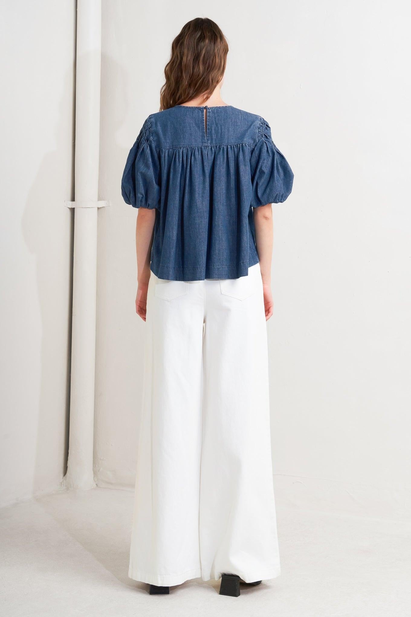Cottage Spell Chambray Top in denim blue, view 5 — Soul Flow Apparel