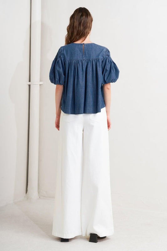 Cottage Spell Chambray Top in denim blue, view 5 — Soul Flow Apparel