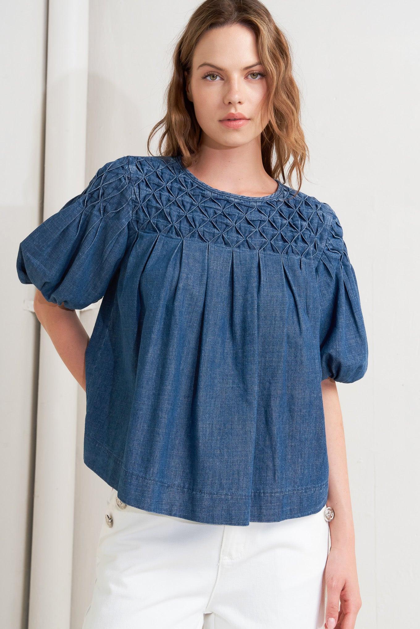 Cottage Spell Chambray Top in denim blue, view 7 — Soul Flow Apparel