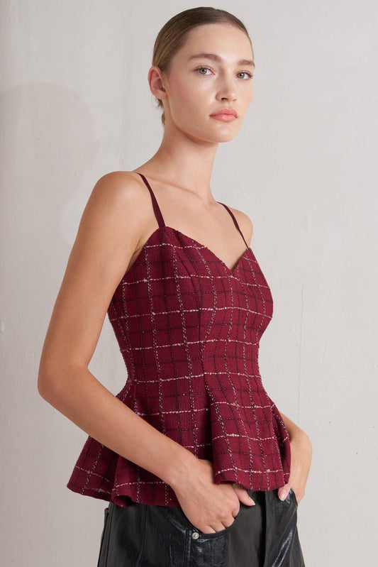 Burnt Boulevard Tweed Cami Top in wine, view 5 — Soul Flow Apparel