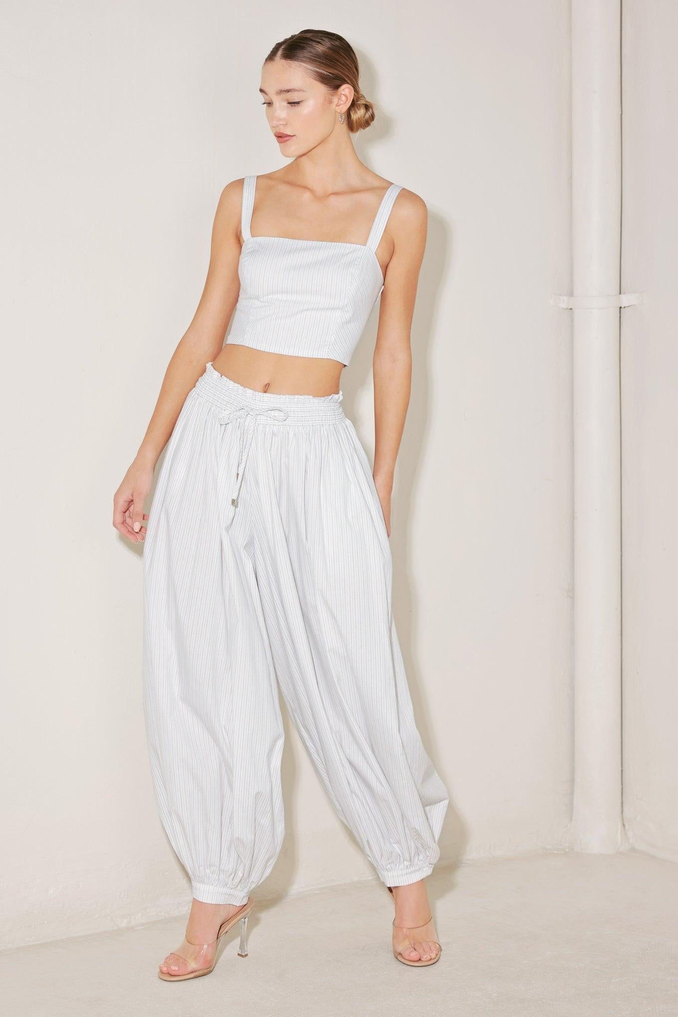 Ocean Breeze Woven Crop Top in white stripe, view 2 — Soul Flow Apparel