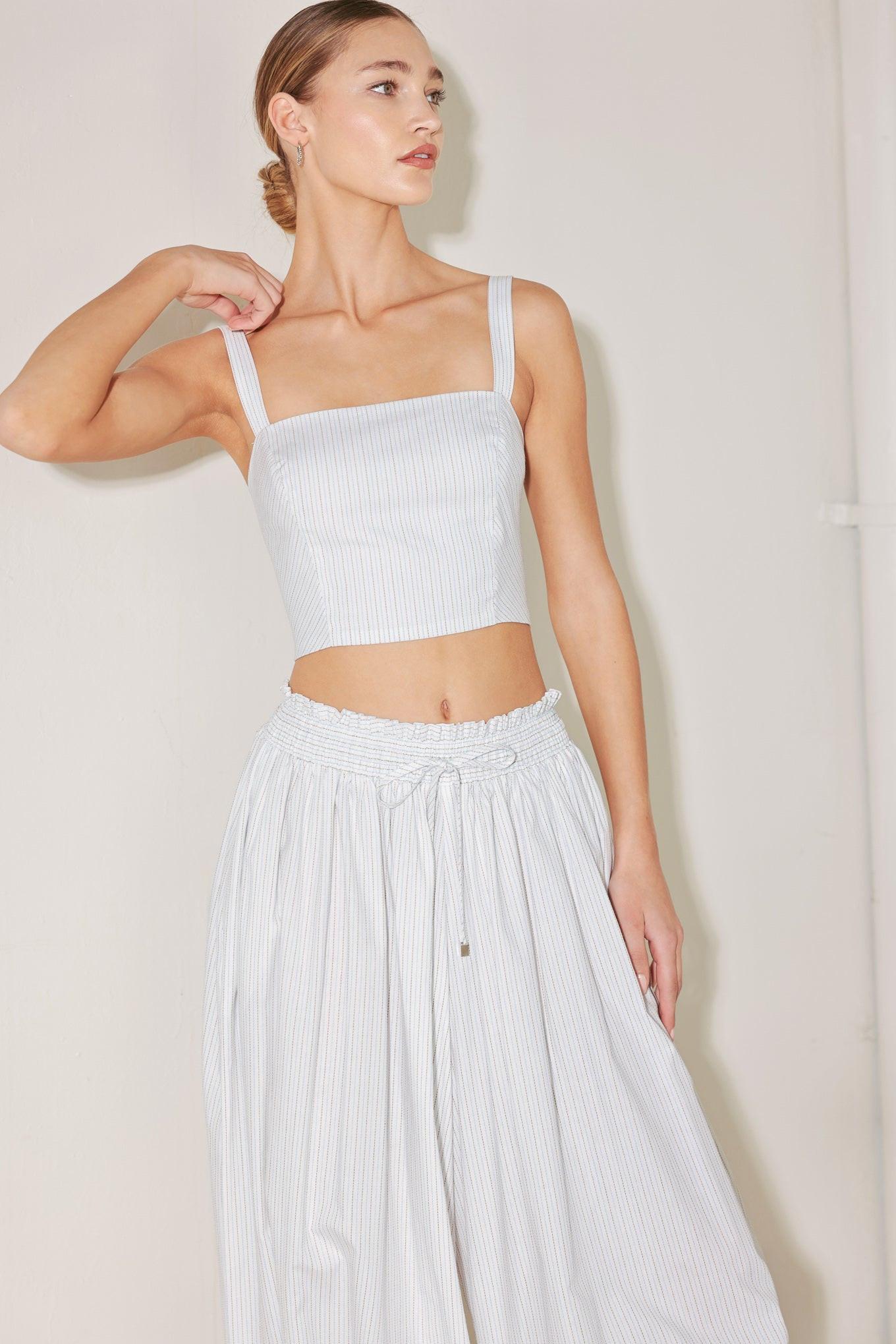 Ocean Breeze Woven Crop Top in white stripe, view 4 — Soul Flow Apparel