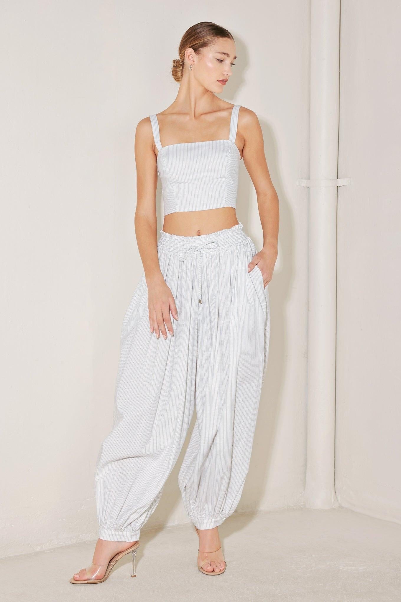 Ocean Breeze Woven Crop Top in white stripe, view 5 — Soul Flow Apparel