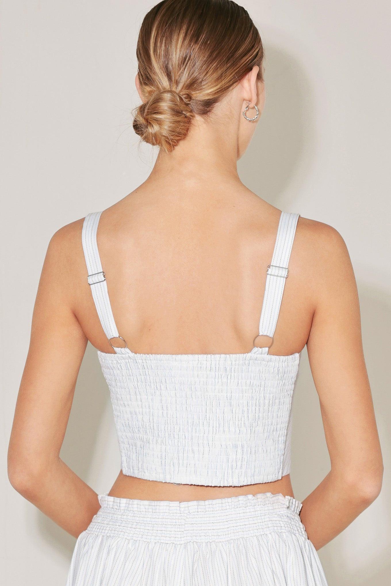 Ocean Breeze Woven Crop Top in white stripe, view 8 — Soul Flow Apparel
