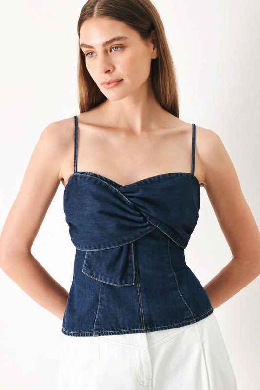 Sweet Kiss Denim Top in medium indigo, view 1 — Soul Flow Apparel