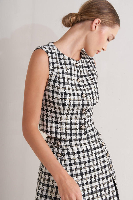 Mona Check Tweed Vest in cream black, view 3 — Soul Flow Apparel