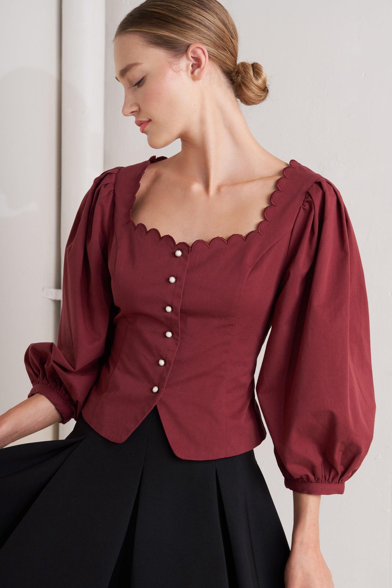 Amour Scallop Woven Top in maroon, view 1 — Soul Flow Apparel