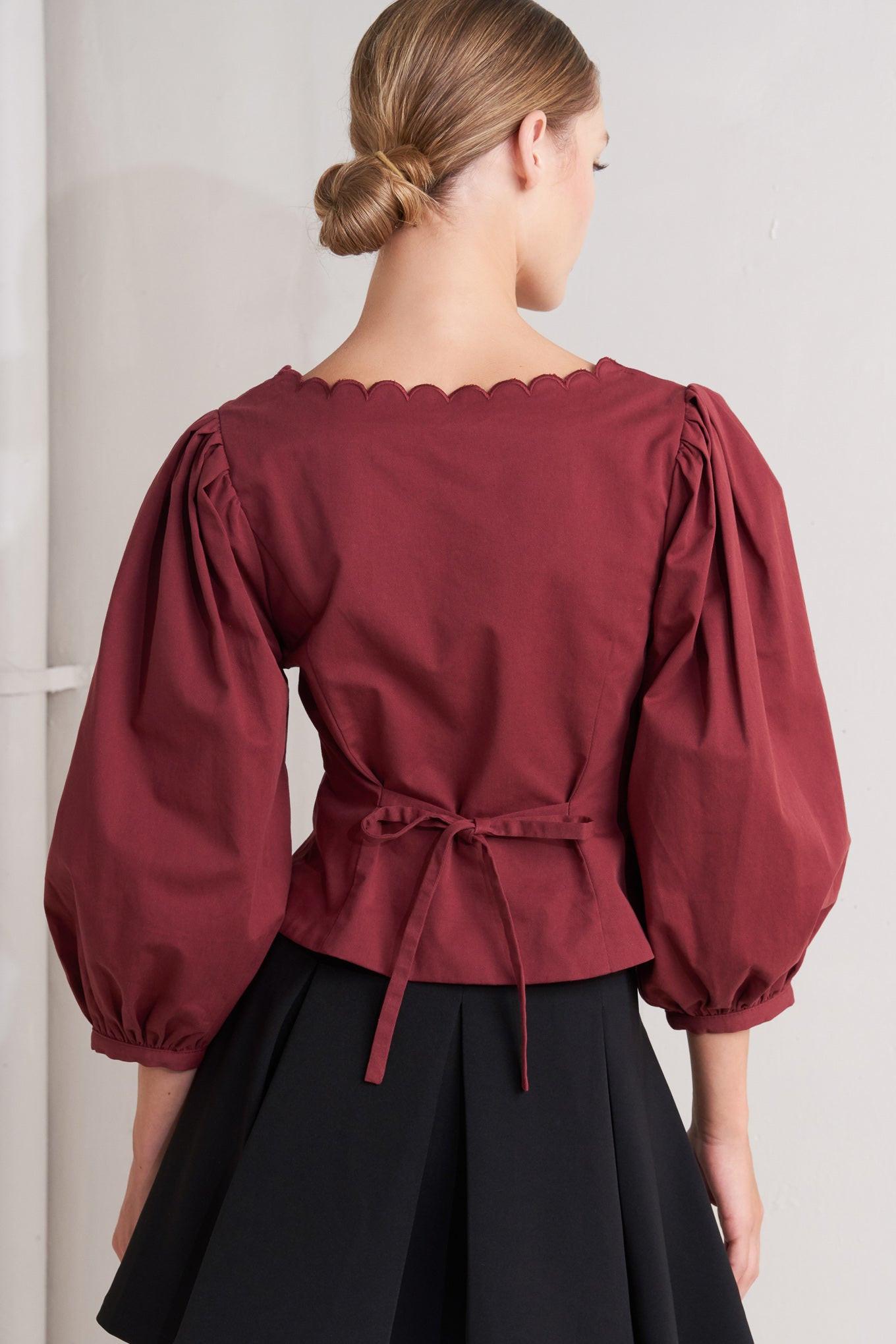 Amour Scallop Woven Top in maroon, view 2 — Soul Flow Apparel