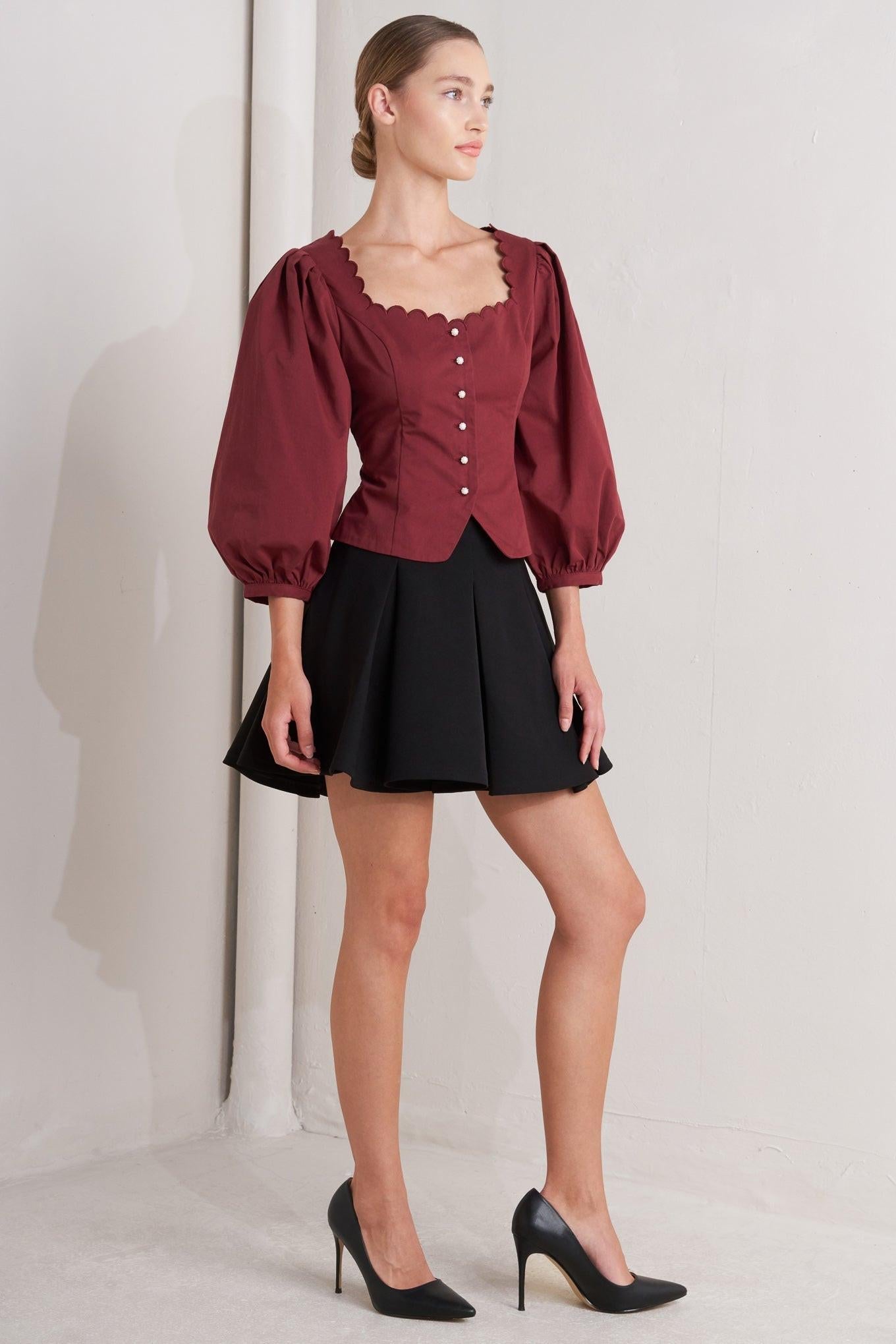 Amour Scallop Woven Top in maroon, view 3 — Soul Flow Apparel